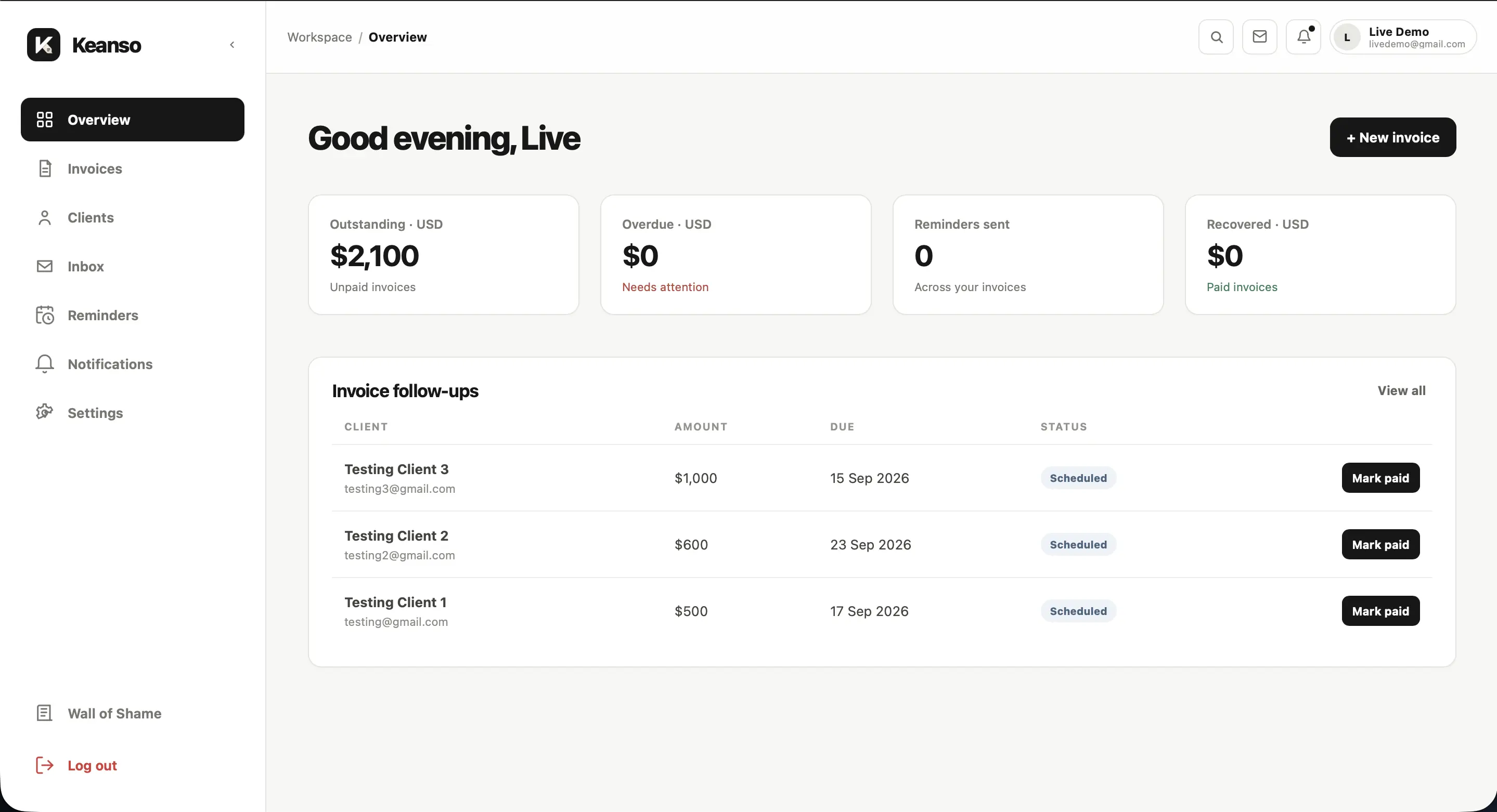 Keanso workspace dashboard showing invoice follow-ups and payment status